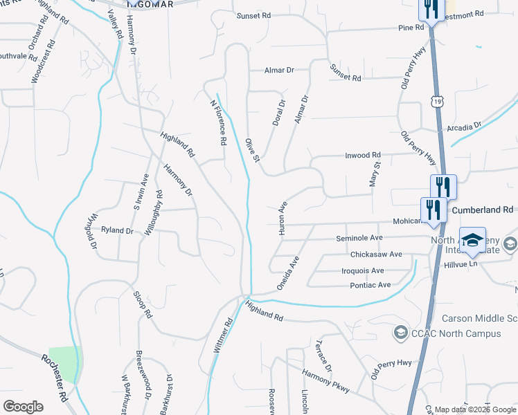 map of restaurants, bars, coffee shops, grocery stores, and more near 9080 Highland Road in Pittsburgh