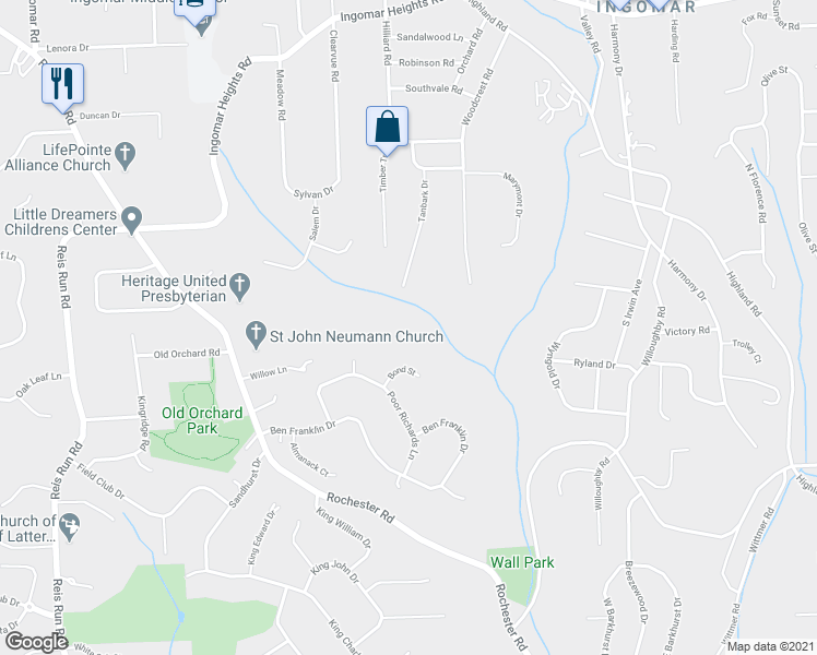 map of restaurants, bars, coffee shops, grocery stores, and more near 9200 Tanbark Drive in Pittsburgh