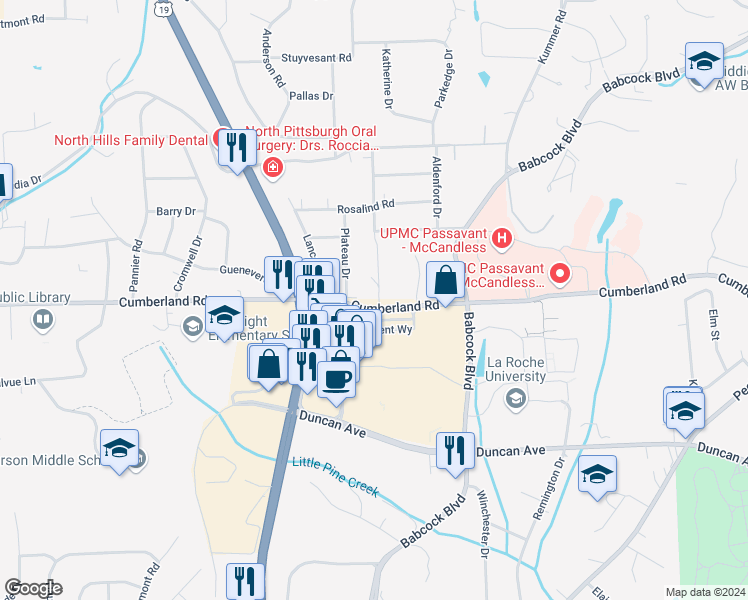 map of restaurants, bars, coffee shops, grocery stores, and more near 909 Cumberland Road in Pittsburgh
