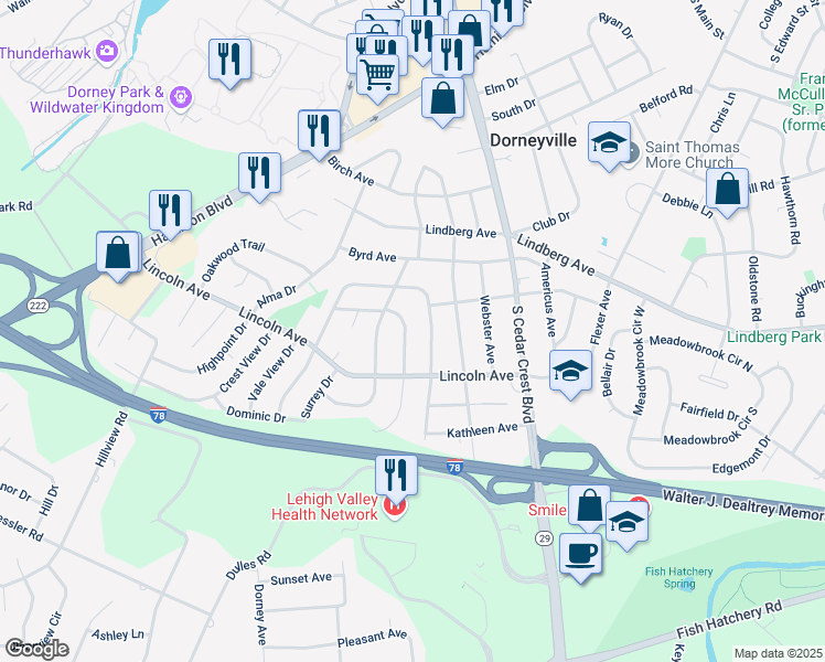 map of restaurants, bars, coffee shops, grocery stores, and more near 1115 Patricia Drive in Allentown