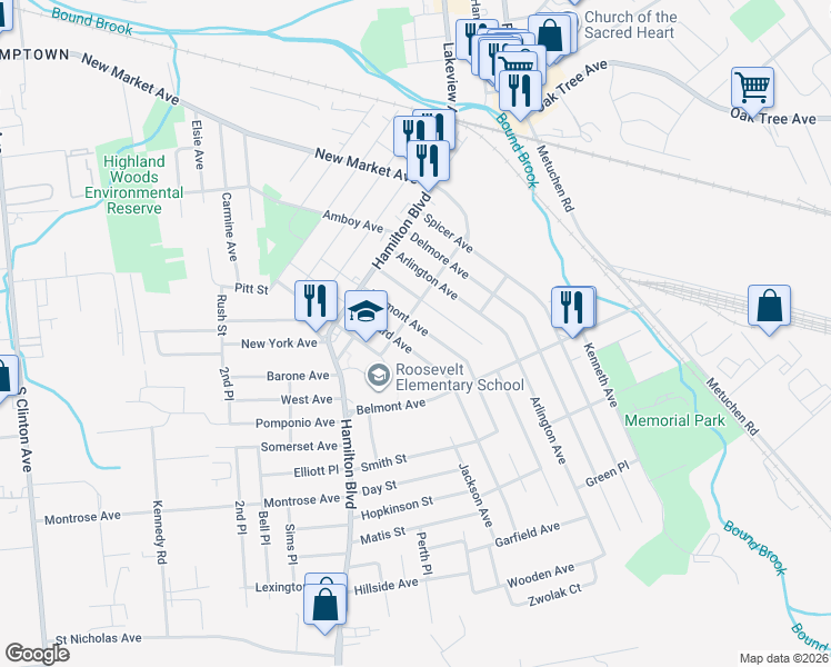 map of restaurants, bars, coffee shops, grocery stores, and more near 216 Tremont Avenue in South Plainfield