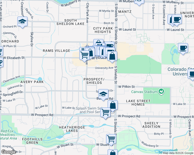 map of restaurants, bars, coffee shops, grocery stores, and more near 1228 Westward Drive in Fort Collins