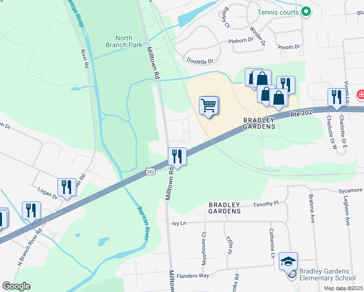map of restaurants, bars, coffee shops, grocery stores, and more near 14 Whitehead Road in Bridgewater Township