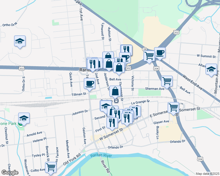 map of restaurants, bars, coffee shops, grocery stores, and more near 80 Anderson Street in Raritan