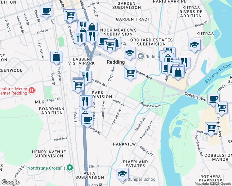 map of restaurants, bars, coffee shops, grocery stores, and more near 905 Parkview Avenue in Redding