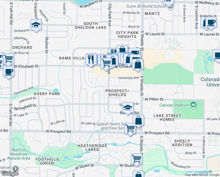 map of restaurants, bars, coffee shops, grocery stores, and more near 1320 Westward Drive in Fort Collins