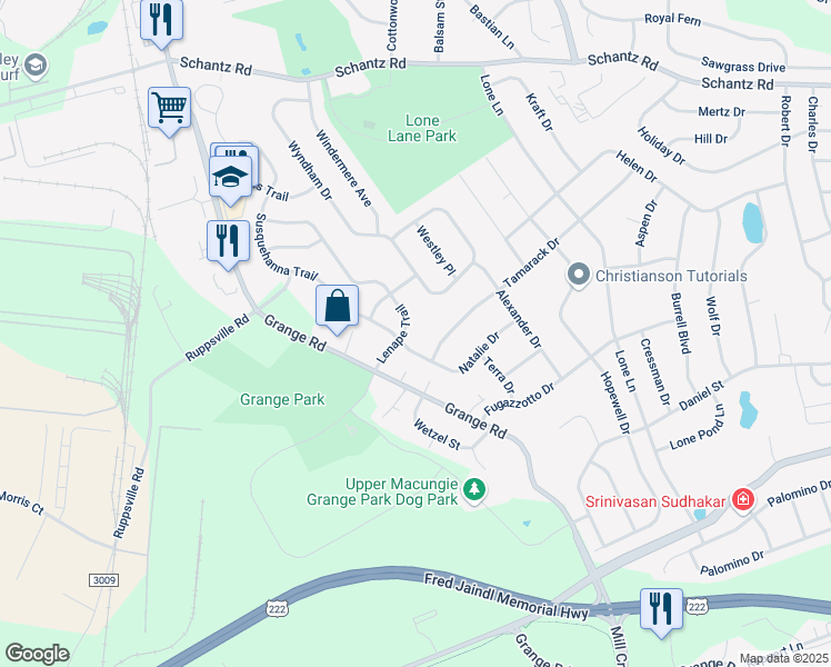 map of restaurants, bars, coffee shops, grocery stores, and more near 355 Lenape Trail in Allentown