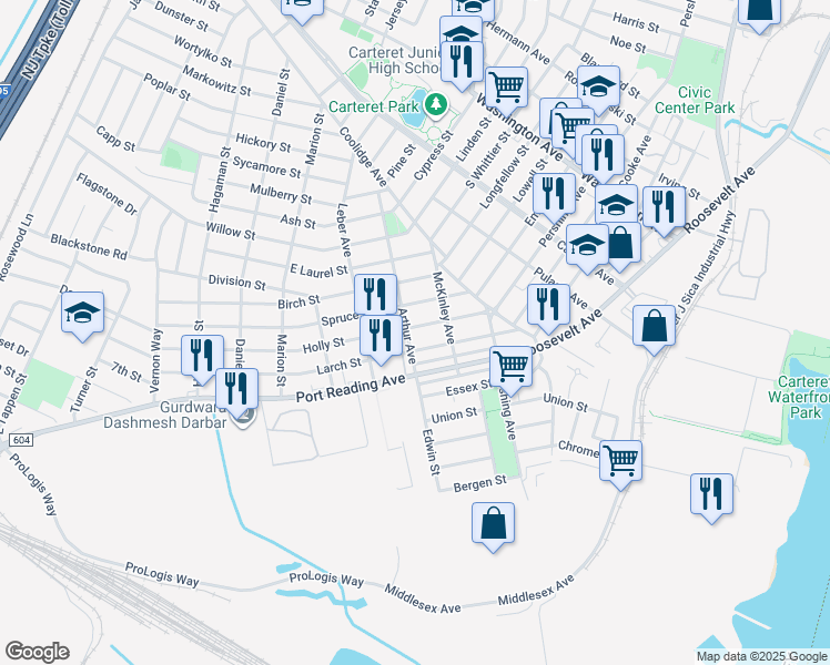 map of restaurants, bars, coffee shops, grocery stores, and more near 41 Holly Street in Carteret