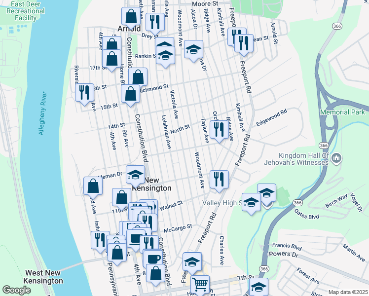 map of restaurants, bars, coffee shops, grocery stores, and more near 306 Catalpa Street in New Kensington