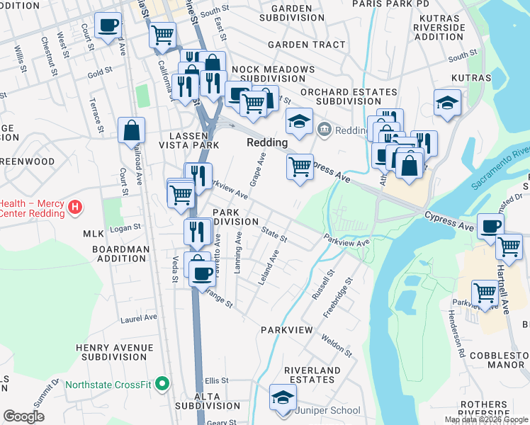 map of restaurants, bars, coffee shops, grocery stores, and more near 905 Parkview Avenue in Redding