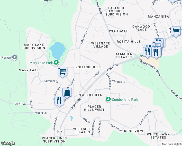 map of restaurants, bars, coffee shops, grocery stores, and more near 4055 Travona Street in Redding