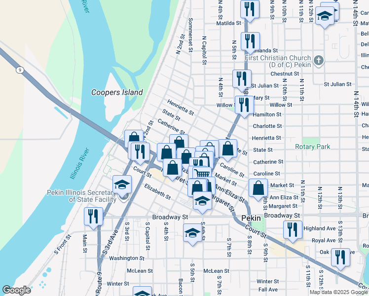 map of restaurants, bars, coffee shops, grocery stores, and more near 340 Caroline Street in Pekin