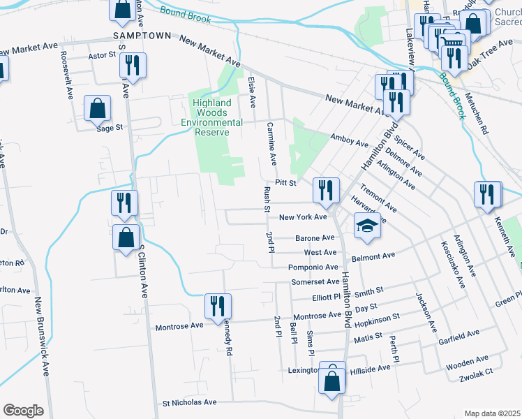 map of restaurants, bars, coffee shops, grocery stores, and more near 221 Woolworth Ave in South Plainfield