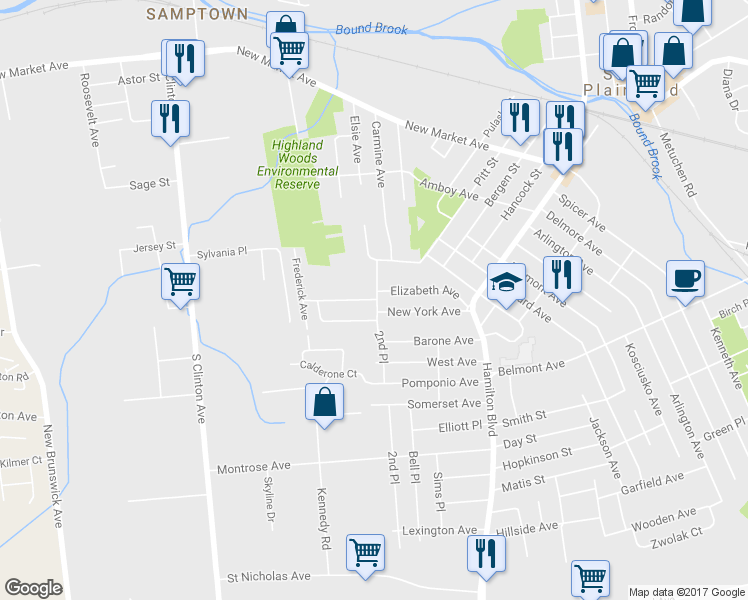 map of restaurants, bars, coffee shops, grocery stores, and more near 201 Woolworth Avenue in South Plainfield