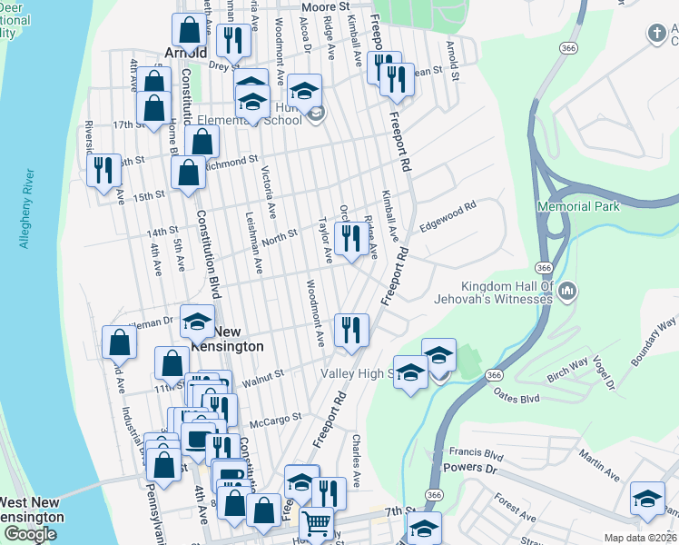 map of restaurants, bars, coffee shops, grocery stores, and more near 1252 Taylor Avenue in New Kensington