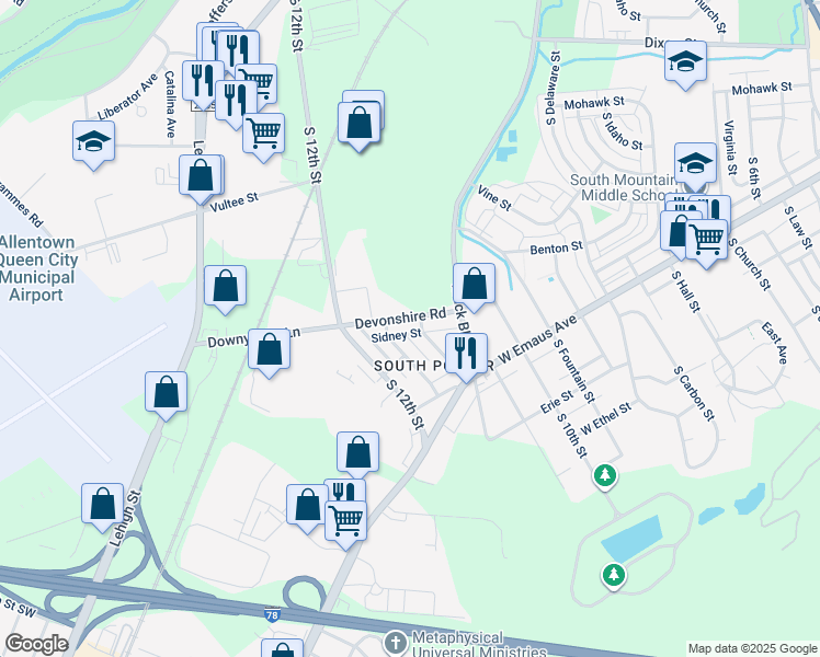 map of restaurants, bars, coffee shops, grocery stores, and more near 1109 Sidney Street in Allentown