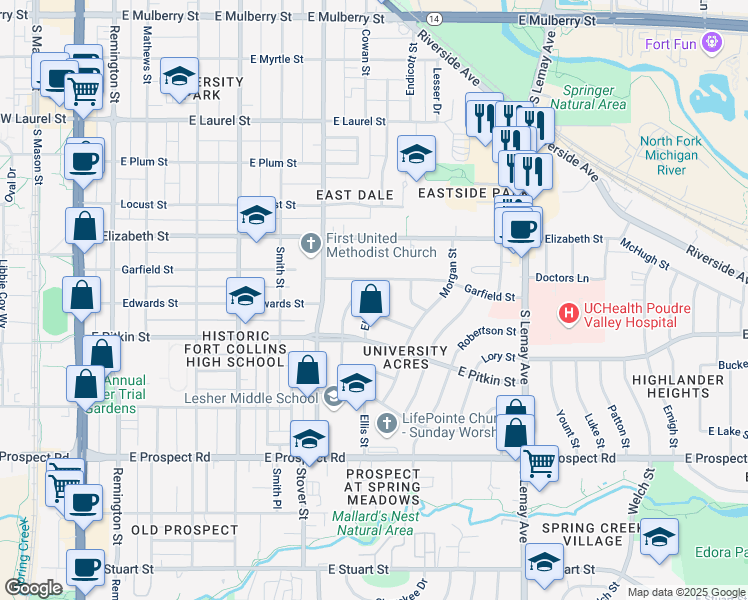 map of restaurants, bars, coffee shops, grocery stores, and more near 1113 Ellis Street in Fort Collins