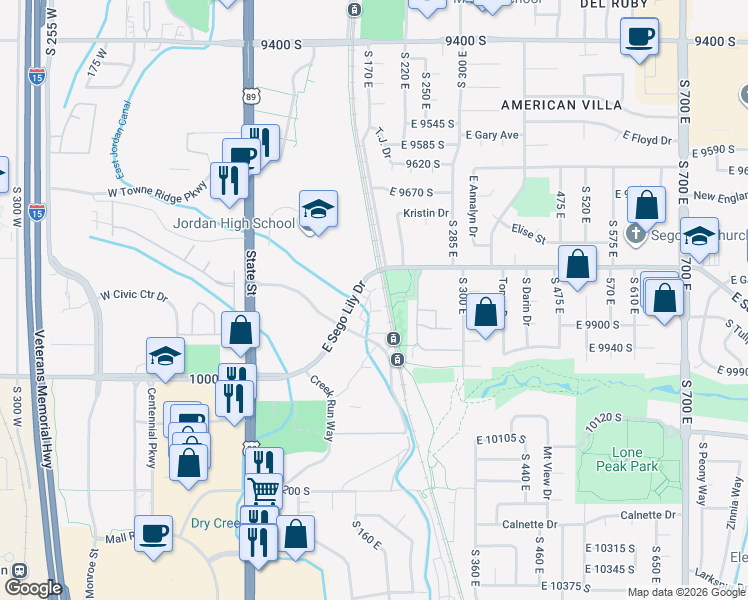map of restaurants, bars, coffee shops, grocery stores, and more near 234 East Sego Lily Drive in Sandy
