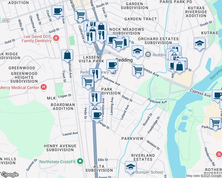 map of restaurants, bars, coffee shops, grocery stores, and more near 2556 Lanning Avenue in Redding