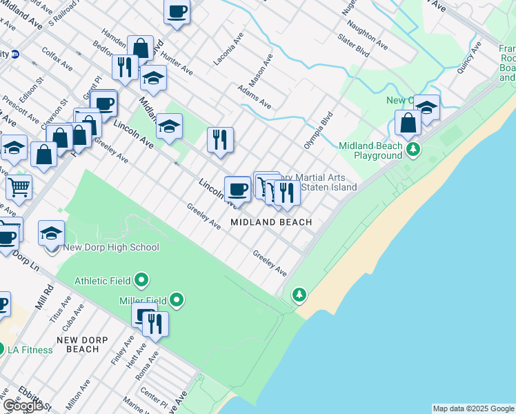 map of restaurants, bars, coffee shops, grocery stores, and more near 1099B Olympia Boulevard in Staten Island