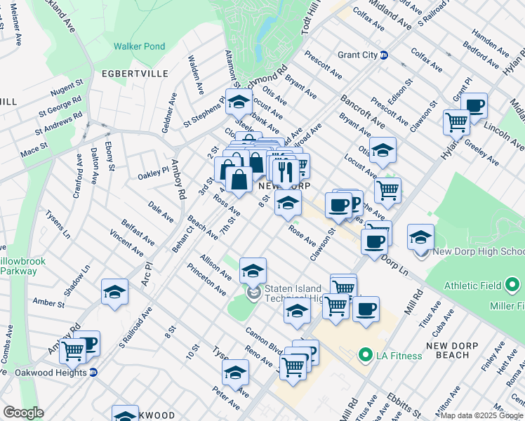map of restaurants, bars, coffee shops, grocery stores, and more near 64 8 Street in Staten Island