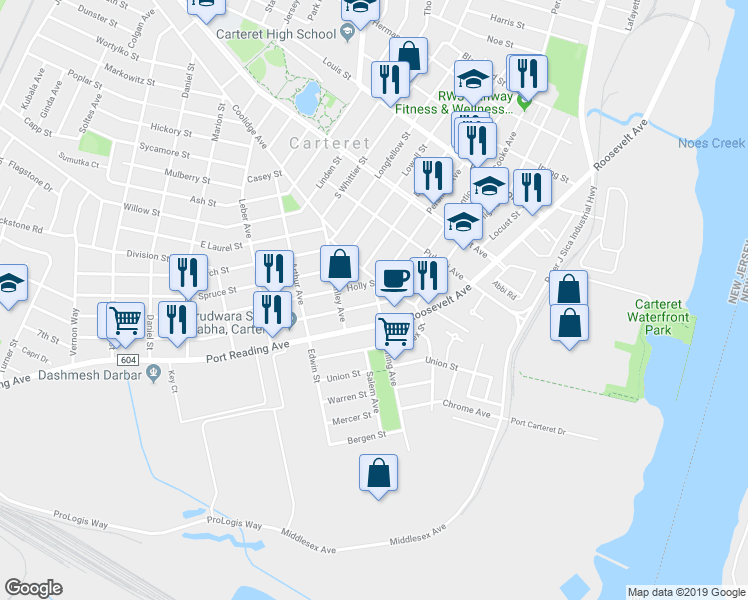map of restaurants, bars, coffee shops, grocery stores, and more near 101 Roosevelt Avenue in Carteret