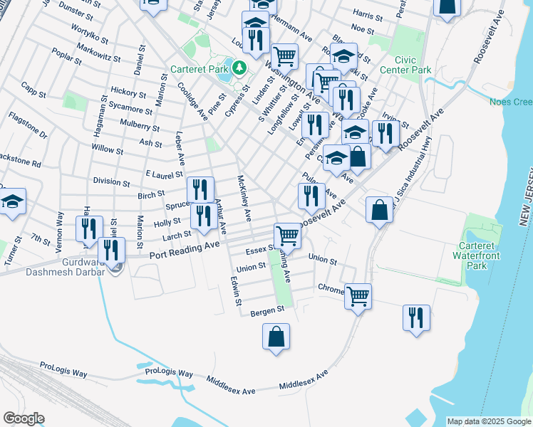 map of restaurants, bars, coffee shops, grocery stores, and more near in Carteret