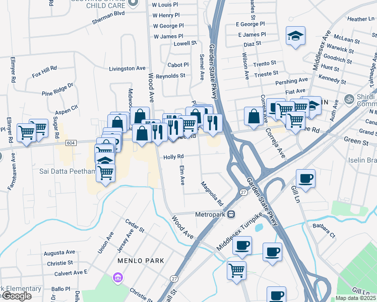 map of restaurants, bars, coffee shops, grocery stores, and more near 78 Holly Road in Woodbridge Township