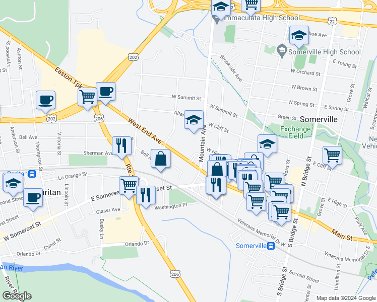 map of restaurants, bars, coffee shops, grocery stores, and more near 64 West End Avenue in Somerville
