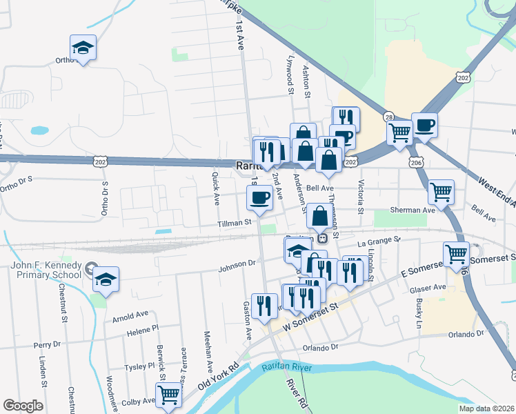 map of restaurants, bars, coffee shops, grocery stores, and more near 100 River Park Drive in Raritan