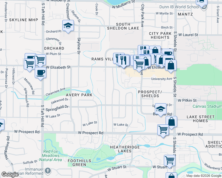 map of restaurants, bars, coffee shops, grocery stores, and more near 1209 South Bryan Avenue in Fort Collins