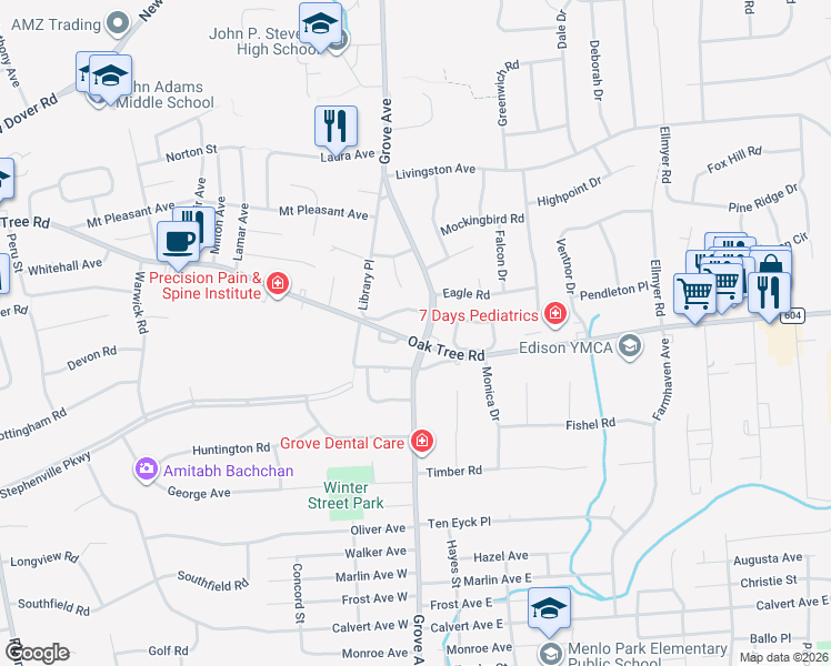 map of restaurants, bars, coffee shops, grocery stores, and more near 1862 Oak Tree Road in Edison