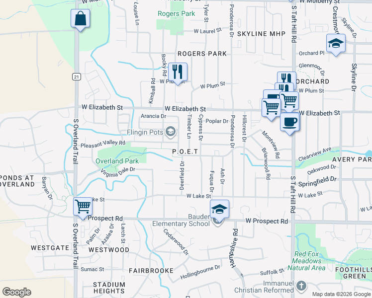 map of restaurants, bars, coffee shops, grocery stores, and more near 1143 Timber Lane in Fort Collins