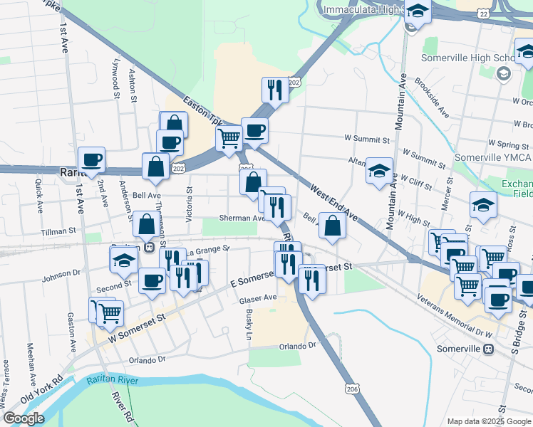 map of restaurants, bars, coffee shops, grocery stores, and more near 31 U.S. 206 in Raritan