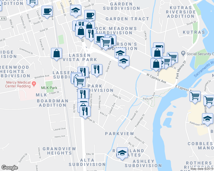 map of restaurants, bars, coffee shops, grocery stores, and more near 931 Parkview Avenue in Redding
