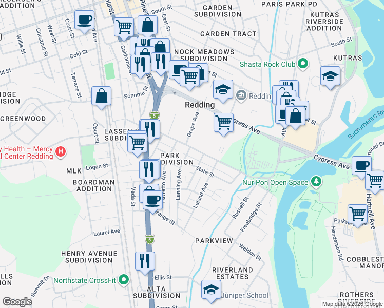 map of restaurants, bars, coffee shops, grocery stores, and more near 2556 Lanning Avenue in Redding