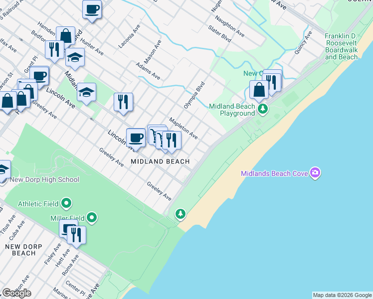 map of restaurants, bars, coffee shops, grocery stores, and more near 72 Hempstead Avenue in Staten Island