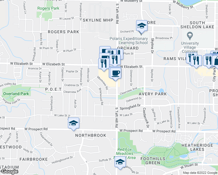 map of restaurants, bars, coffee shops, grocery stores, and more near 2110 Applewood Road in Fort Collins