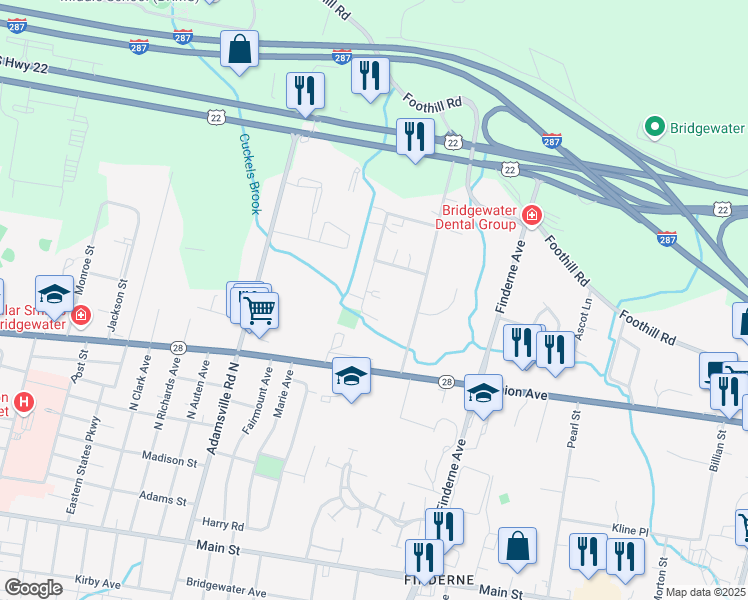 map of restaurants, bars, coffee shops, grocery stores, and more near 16 Dartmouth Avenue in Bridgewater Township