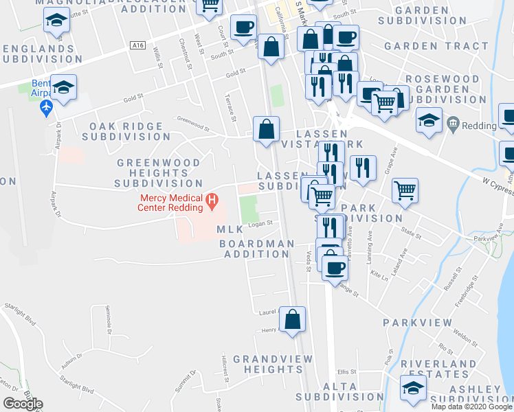 map of restaurants, bars, coffee shops, grocery stores, and more near 1812 Grant Street in Redding