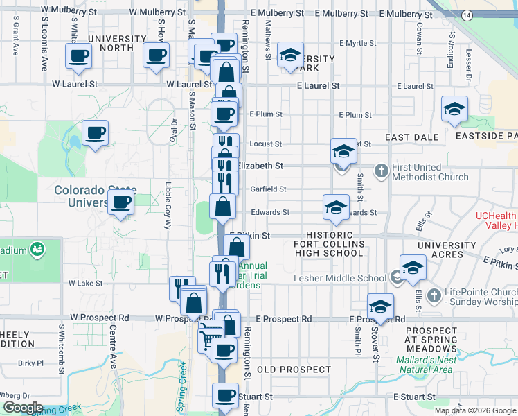 map of restaurants, bars, coffee shops, grocery stores, and more near 215 Edwards Street in Fort Collins