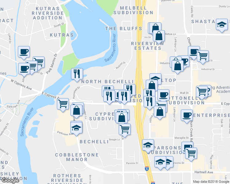 map of restaurants, bars, coffee shops, grocery stores, and more near 457 Knollcrest Drive in Redding