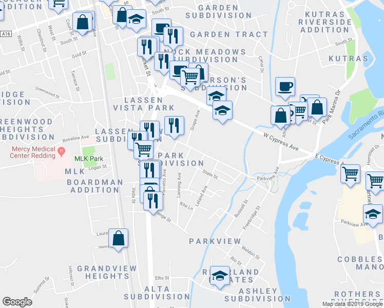 map of restaurants, bars, coffee shops, grocery stores, and more near 2556 Lanning Avenue in Redding
