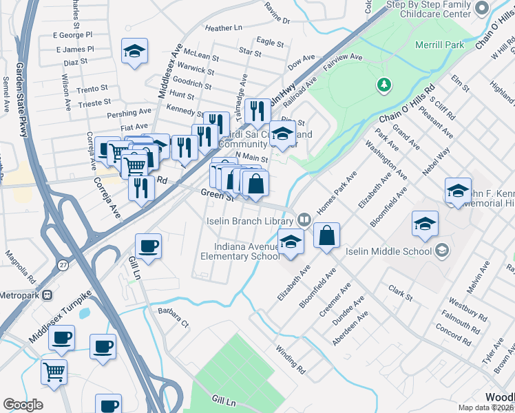 map of restaurants, bars, coffee shops, grocery stores, and more near 202 Benjamin Avenue in Woodbridge Township
