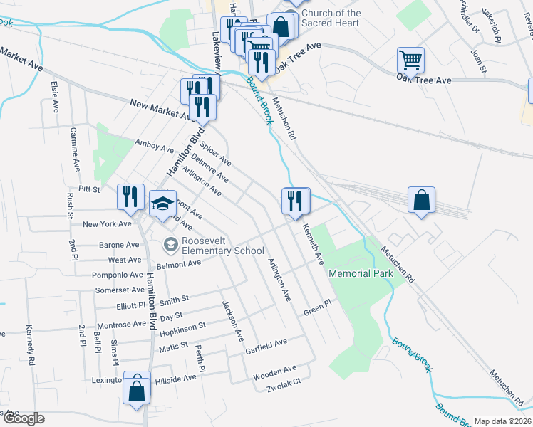 map of restaurants, bars, coffee shops, grocery stores, and more near 351 Delmore Avenue in South Plainfield