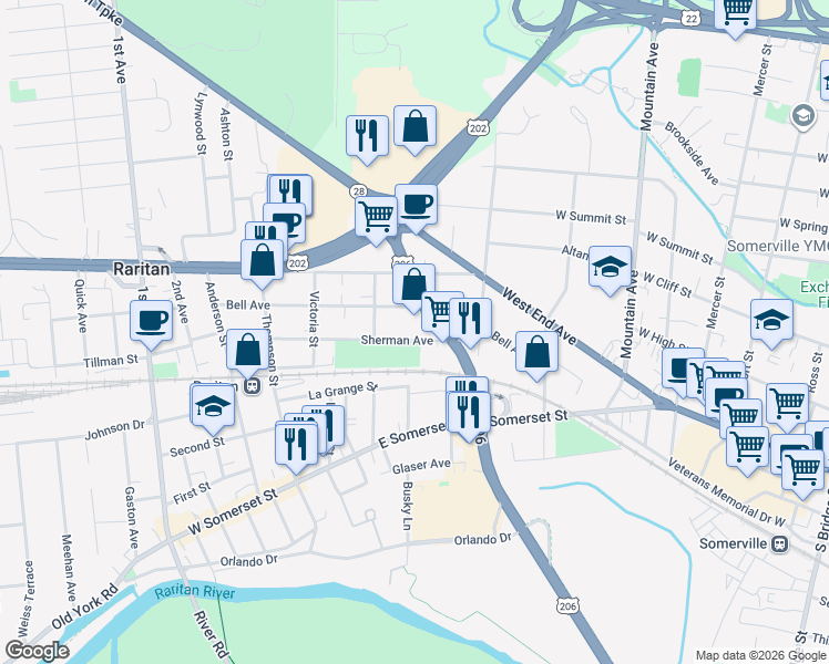 map of restaurants, bars, coffee shops, grocery stores, and more near 114 Sherman Avenue in Raritan