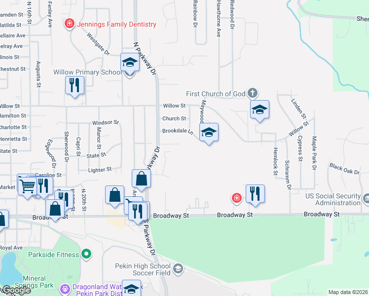 map of restaurants, bars, coffee shops, grocery stores, and more near 2220 State Street in Pekin