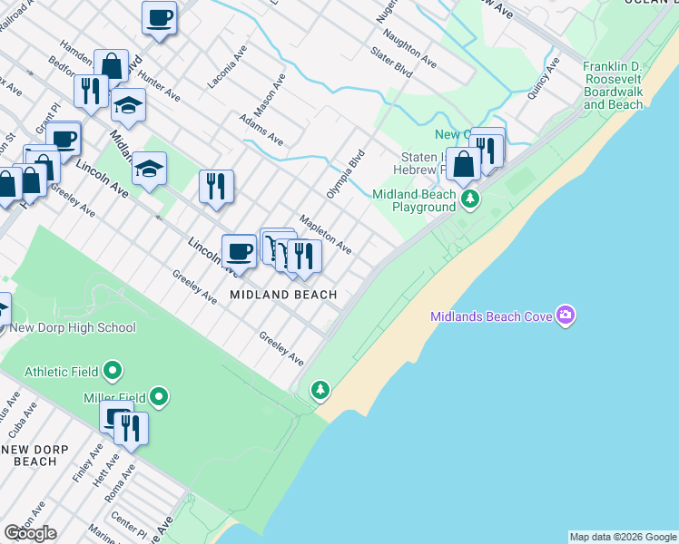 map of restaurants, bars, coffee shops, grocery stores, and more near 72 Hempstead Avenue in Staten Island