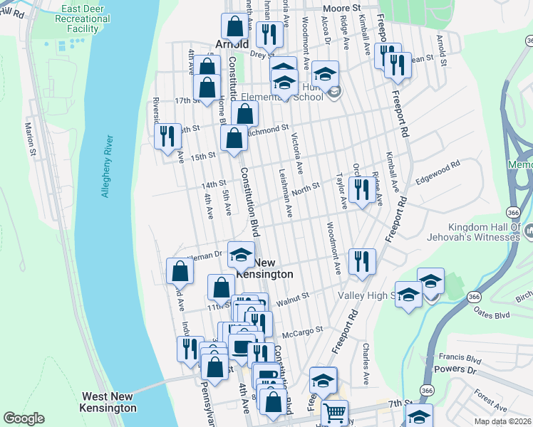 map of restaurants, bars, coffee shops, grocery stores, and more near 209 Catalpa Street in New Kensington