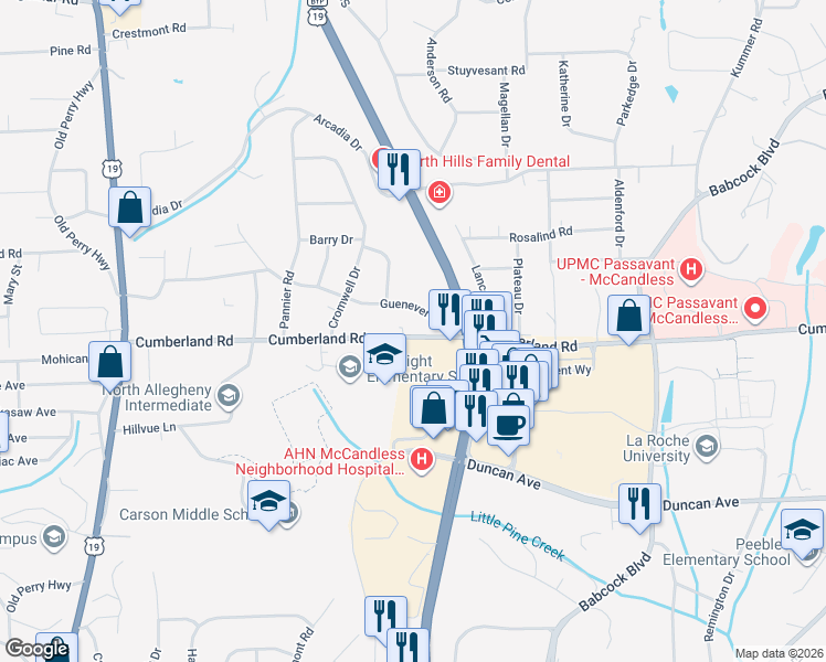 map of restaurants, bars, coffee shops, grocery stores, and more near 658 Guenevere Drive in Pittsburgh